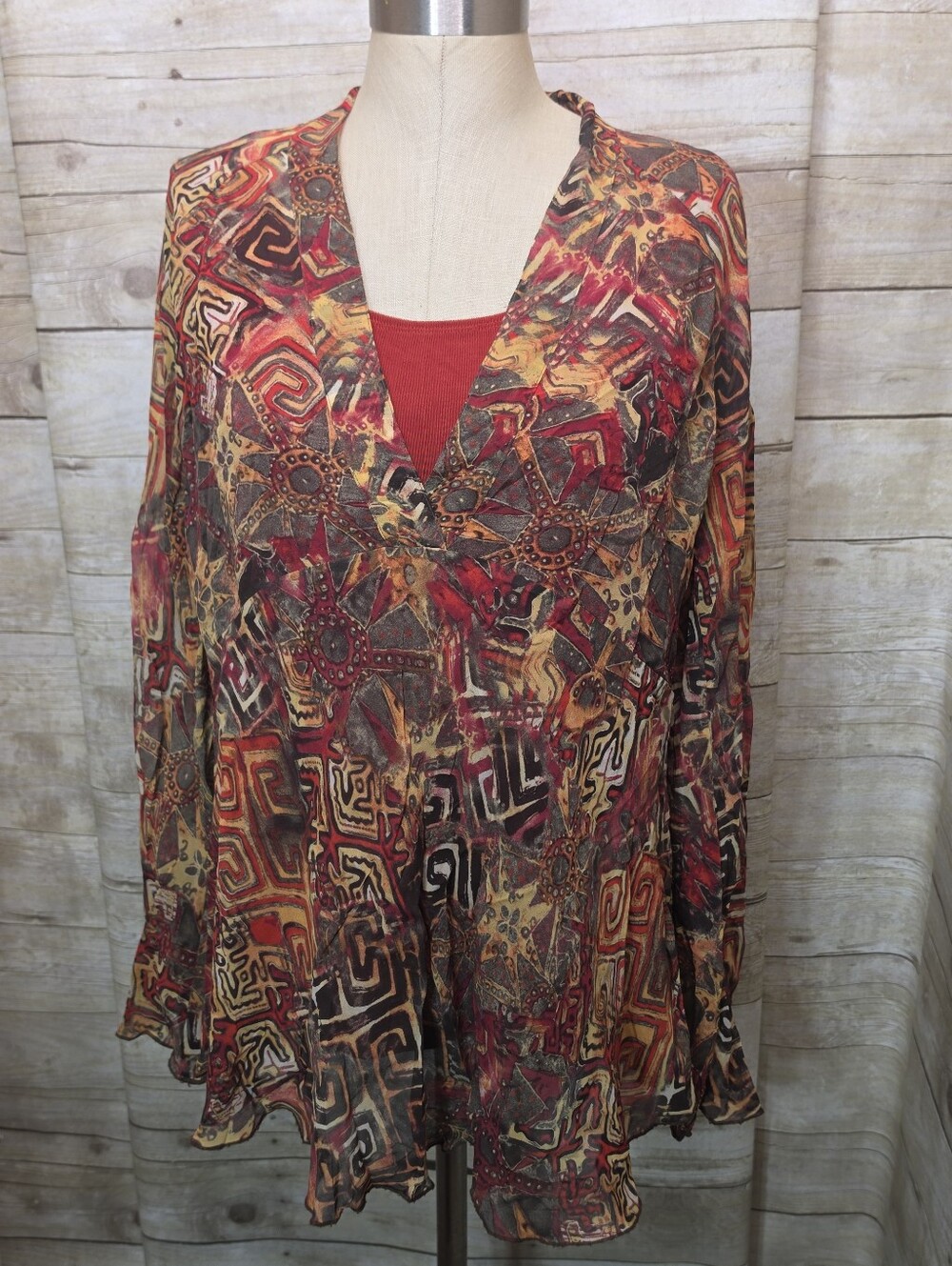 Chico's Rust Multi-Pattern V-Neck Long Sleeve Tunic With Tank